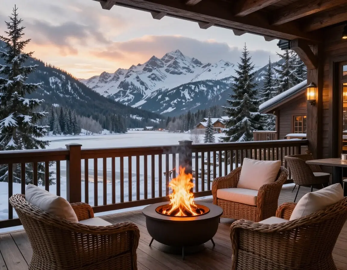 A cozy mountain lodge patio with a fire pit, wicker furniture, and a breathtaking view of snow-capped mountains at sunrise or sunset.