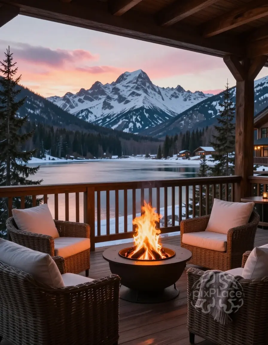 A cozy mountain lodge patio with a fire pit and wicker furniture, overlooking a serene lake and snow-capped mountains at sunset.