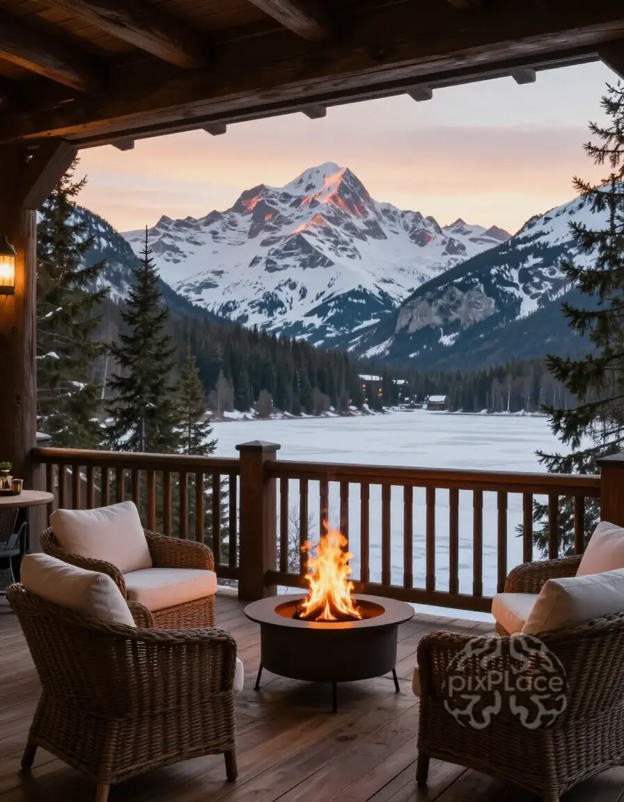 A cozy mountain lodge patio with a fire pit and wicker furniture, overlooking a frozen lake and snow-capped mountains at sunrise or sunset.