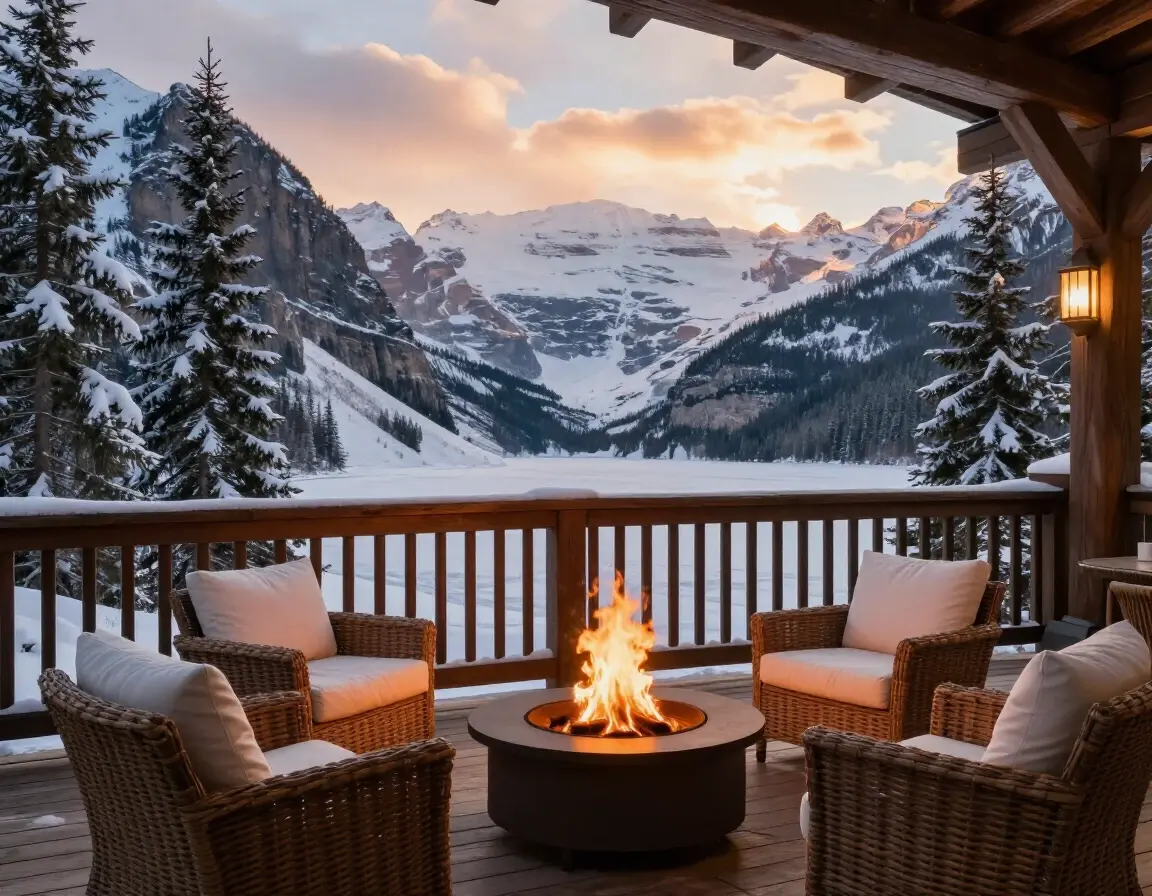 A peaceful mountain lodge patio with a fire pit and wicker seating area, overlooking a frozen lake and snow-covered mountains at sunrise or sunset.