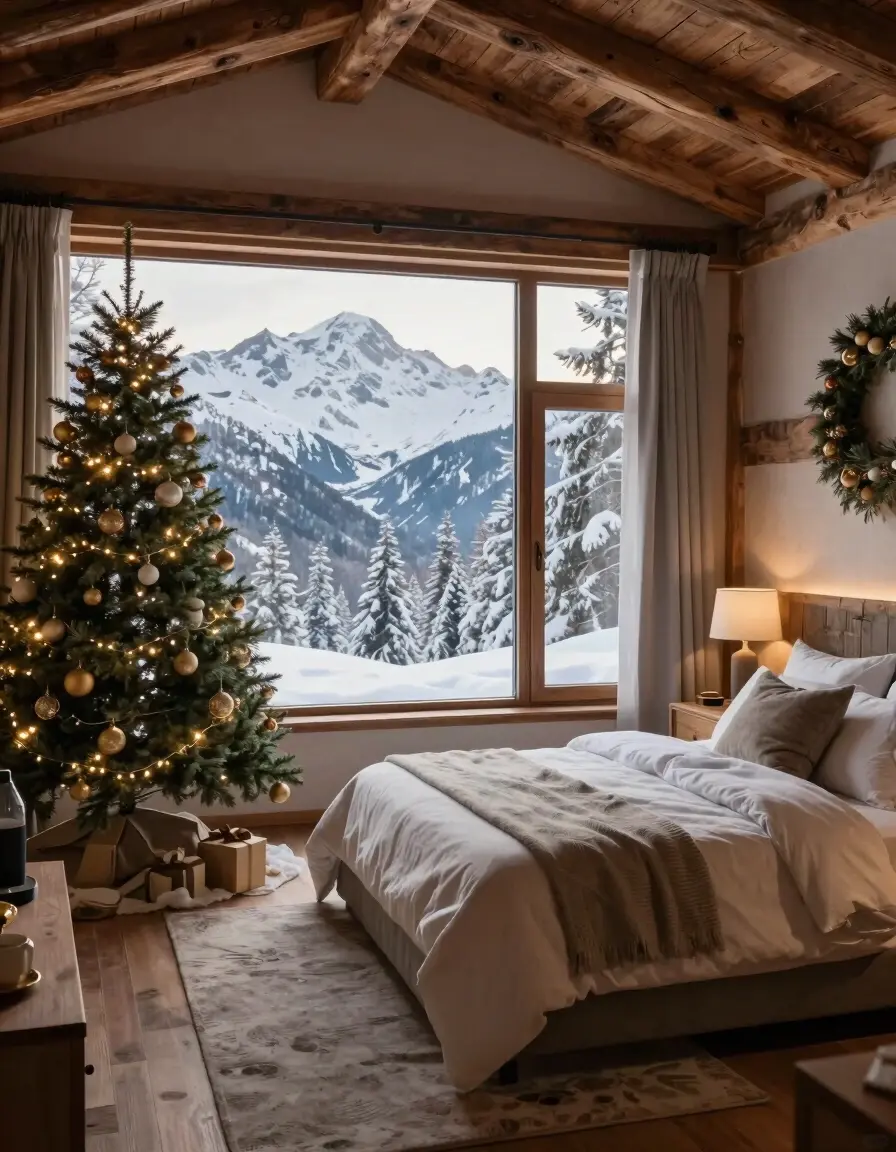 A cozy bedroom with a large window, Christmas tree, and bed with white linens, surrounded by wooden walls and a snowy mountain view.