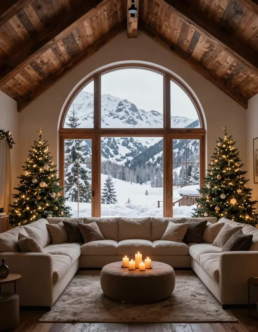 A cozy living room with a large arched window, vaulted wooden ceiling, and a sectional beige sofa, decorated with Christmas trees and candles.