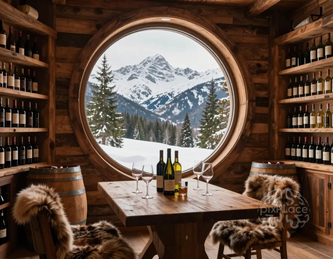 A cozy wine cellar with a large round window showing snow-capped mountains and evergreen trees, a wooden table with wine bottles and glasses, and two fur-covered barrels.