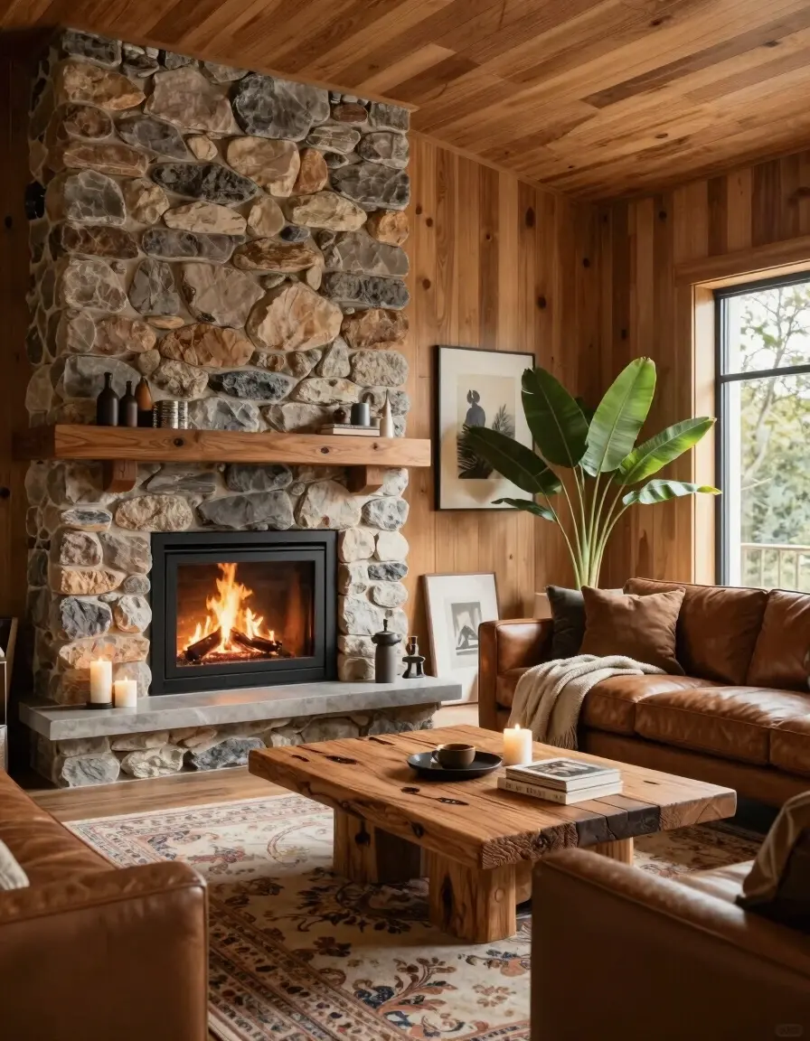 A cozy living room with a fireplace, brown leather sofa, and wooden coffee table on a patterned rug.