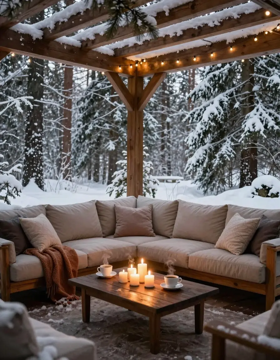 A cozy outdoor living space with a beige sofa, dark wooden coffee table, and wooden pergola, surrounded by a snowy forest and soft lighting.