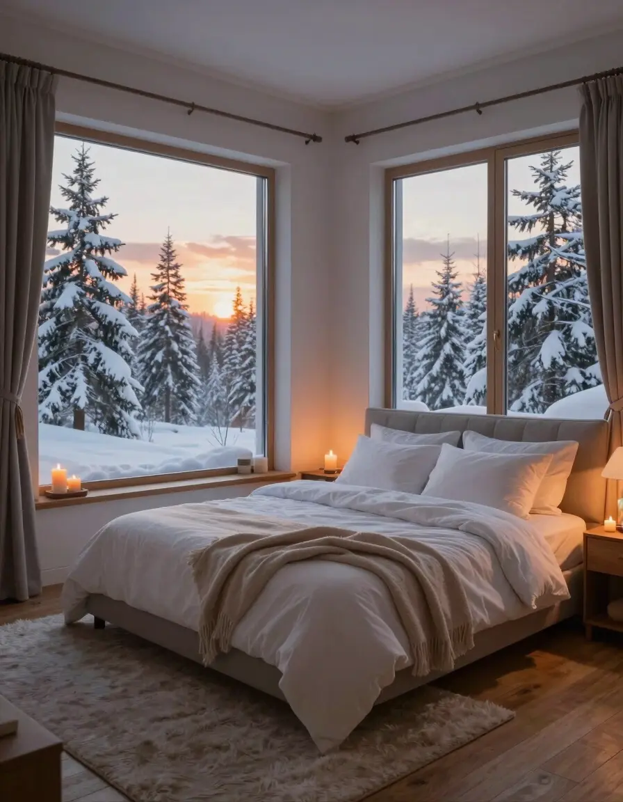 A peaceful winter bedroom with a large bed, white linens, and beige throw blanket, surrounded by candles and large windows with a snowy forest view.