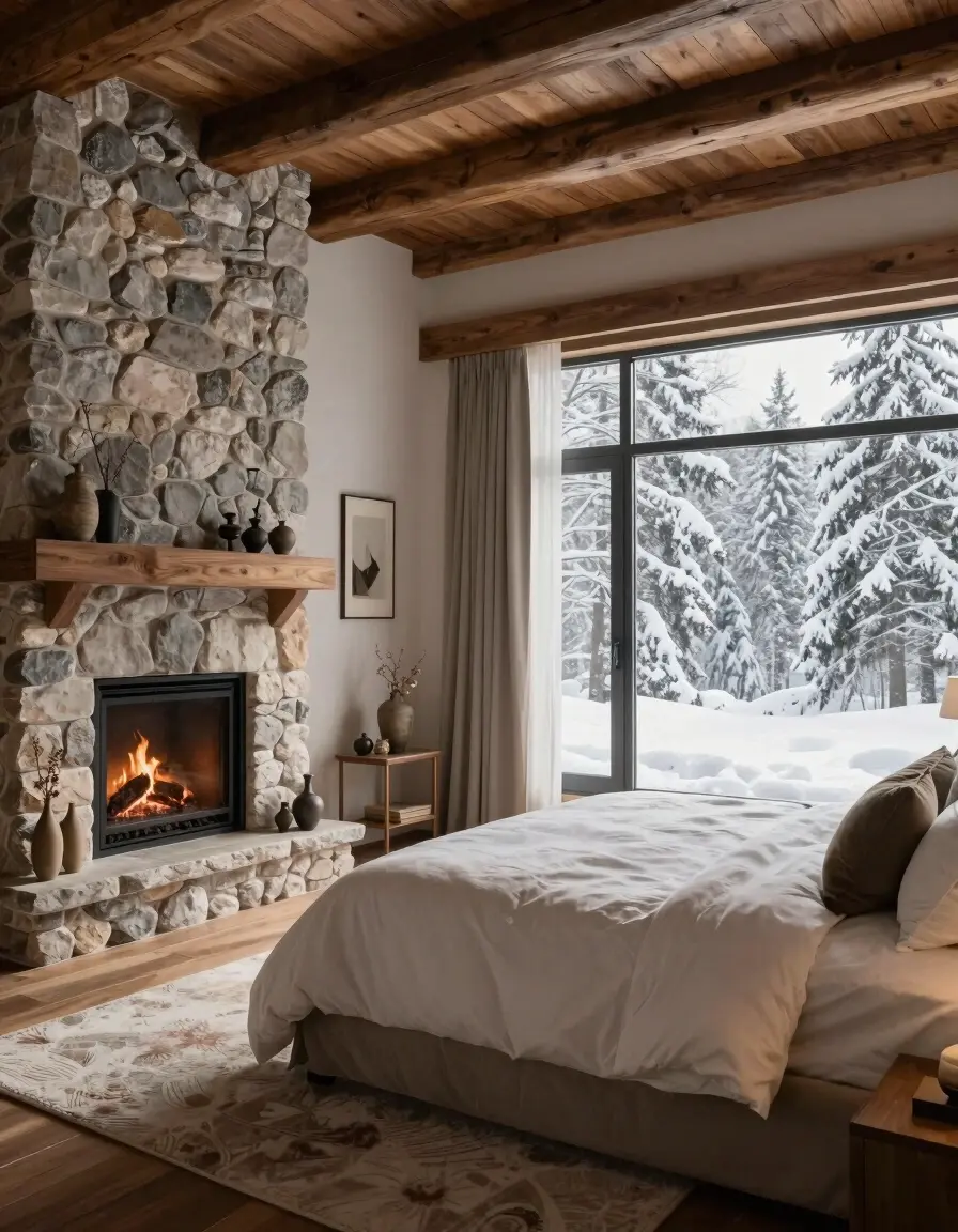 A peaceful bedroom with a stone fireplace, large window, and cozy bed, surrounded by snow-covered trees outside.