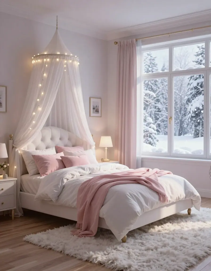 A peaceful bedroom with a white canopy bed, pink accents, and a snowy winter view.