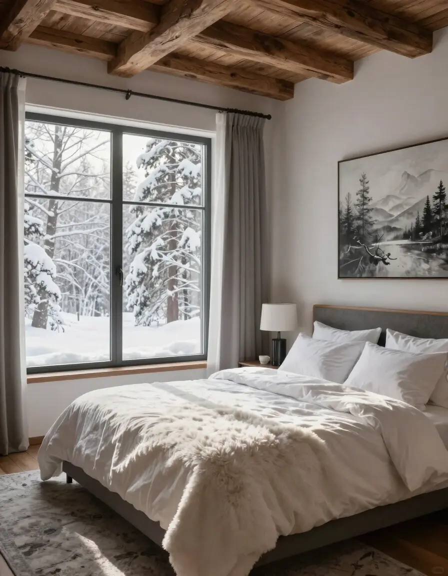 A cozy winter bedroom with a large bed, white linens, and a fluffy white blanket, surrounded by snow-covered trees and a rustic wooden ceiling.