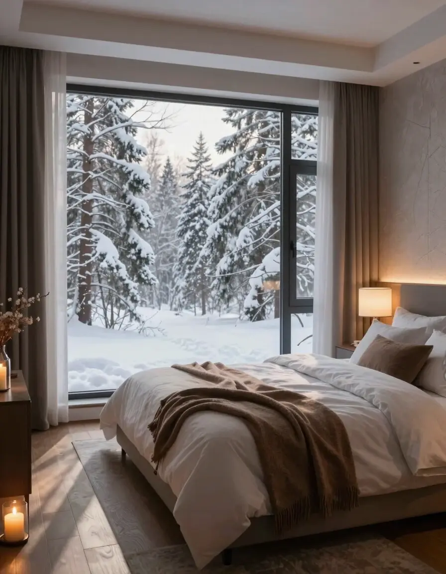 A peaceful winter bedroom with a large window showing snow-covered trees, a cozy bed with white bedding and a brown blanket, and warm candlelight on the windowsill and floor.