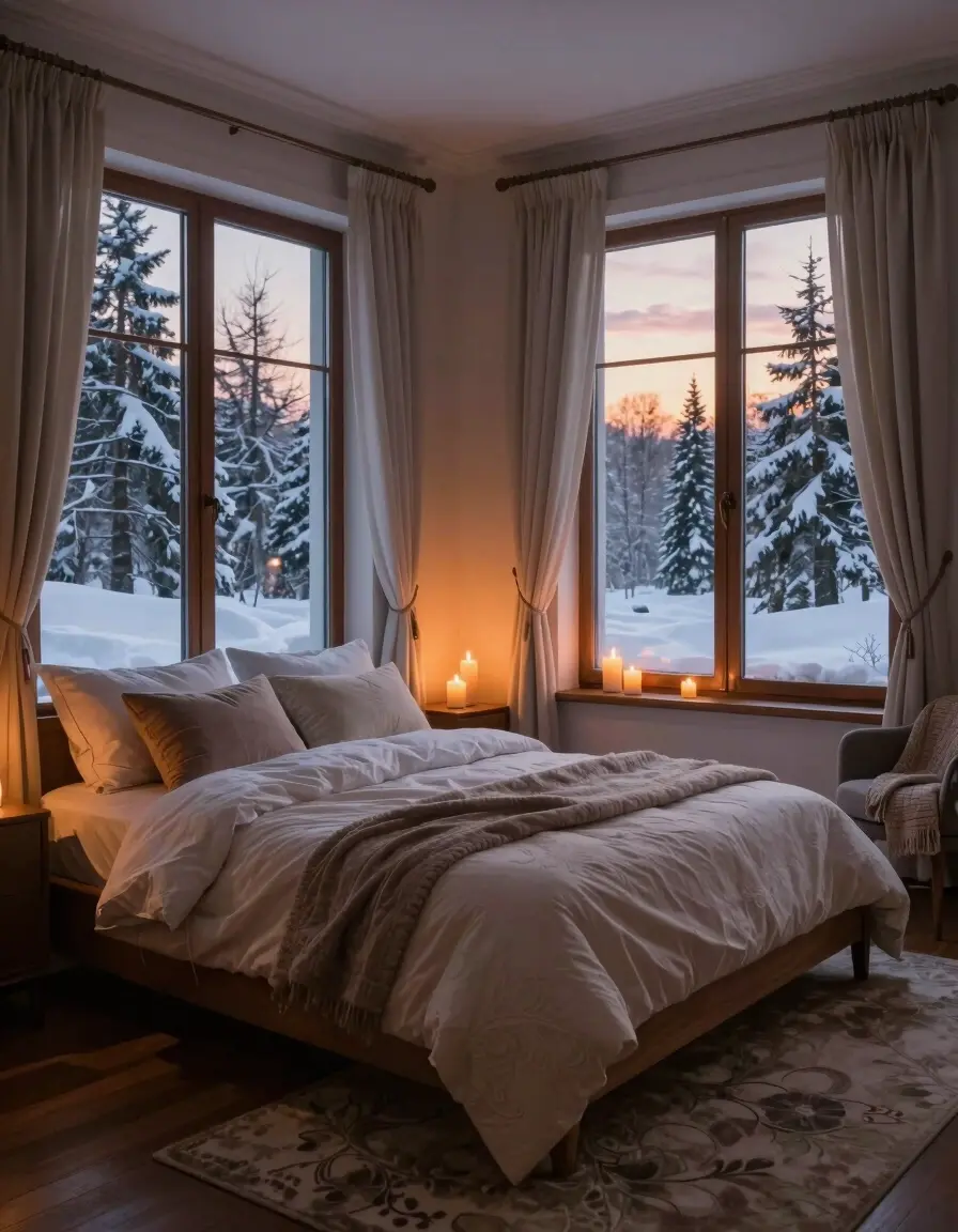 A peaceful bedroom scene with a large bed, snow-covered trees outside the window, and candles lit, creating a warm and inviting atmosphere.