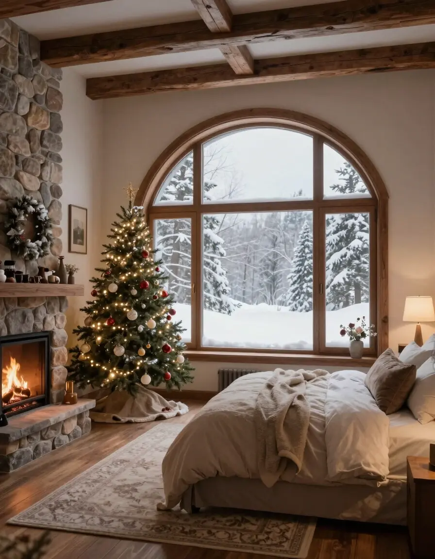 A cozy winter bedroom with a stone fireplace, Christmas tree, and large window overlooking a snowy landscape.