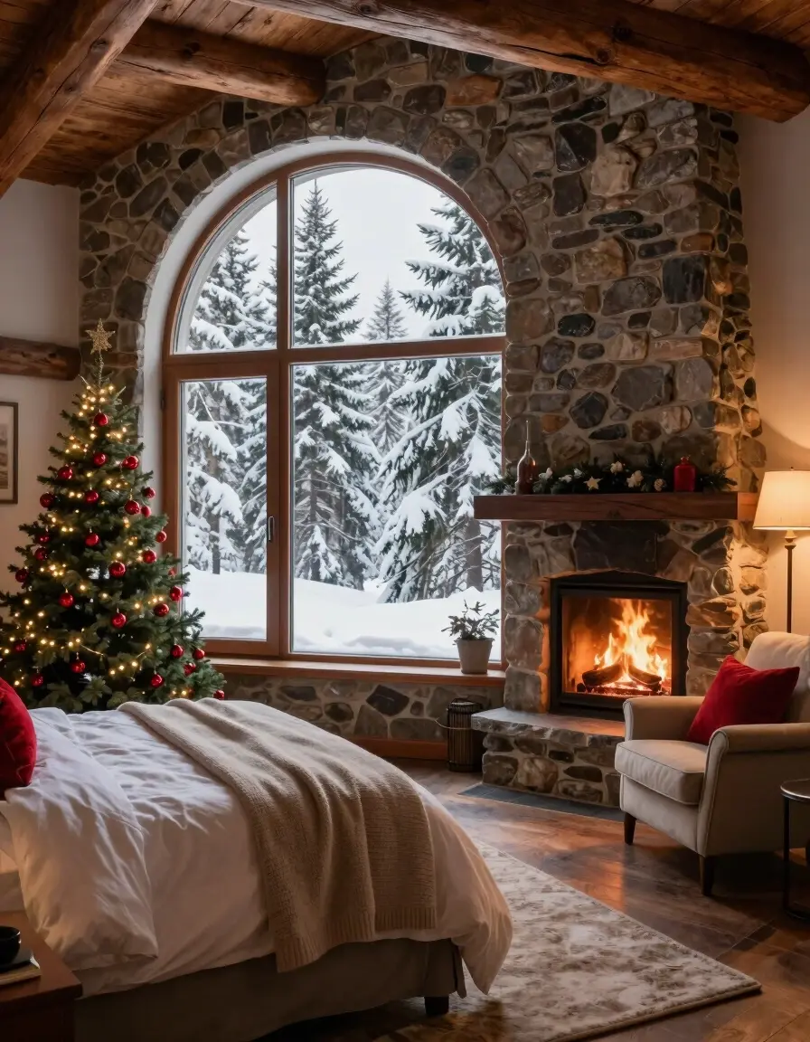 A cozy bedroom with a large window, stone fireplace, and Christmas tree, decorated for the holidays in a rustic cabin style.
