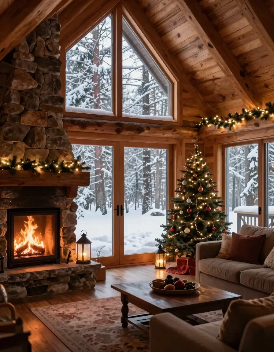 A cozy cabin interior with a fireplace, wooden decor, and large windows overlooking a snowy forest, decorated with Christmas lights and a small tree.
