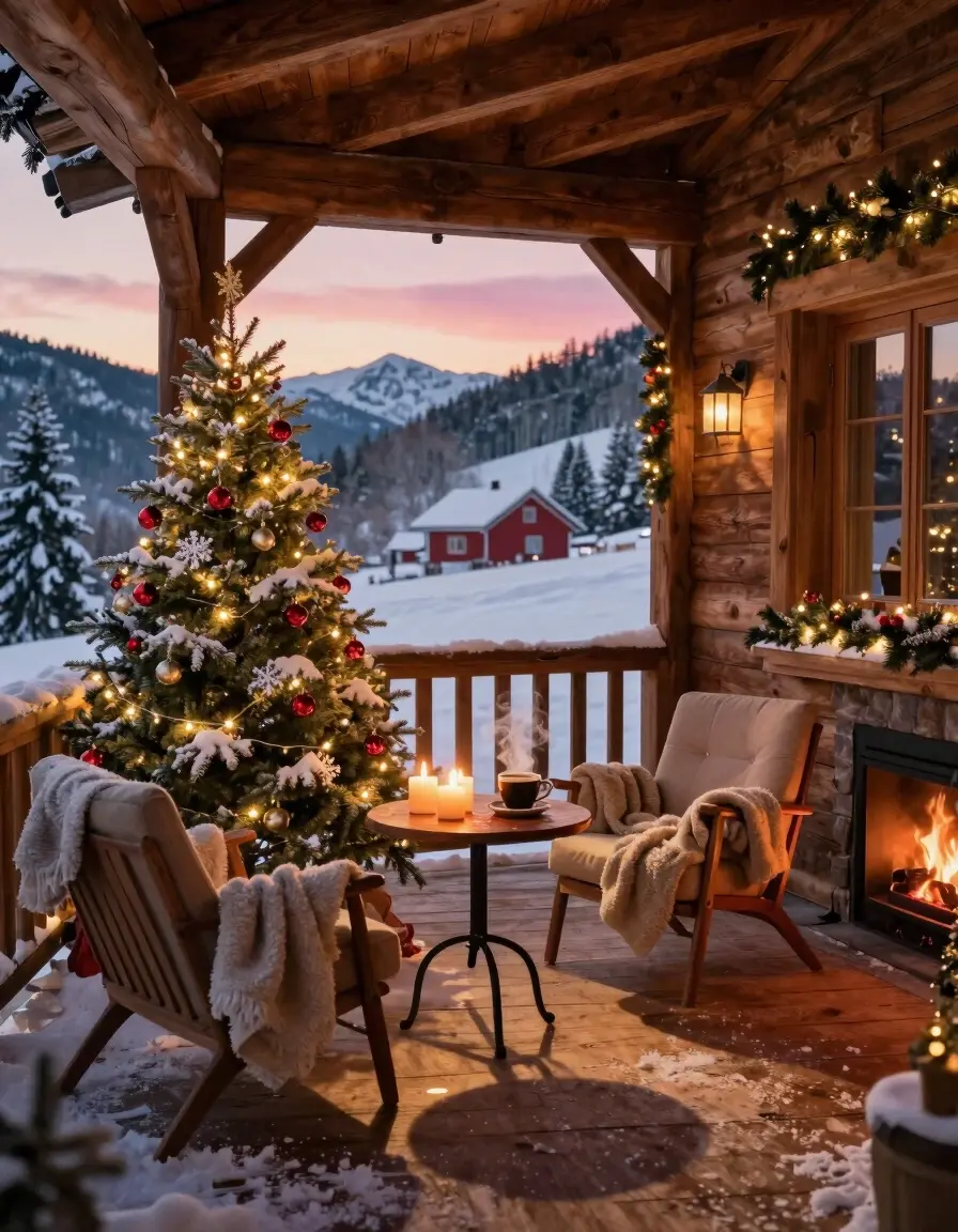 A snow-covered Christmas tree on a wooden porch, surrounded by comfortable chairs and a small table with coffee and candles, overlooking a serene winter landscape.