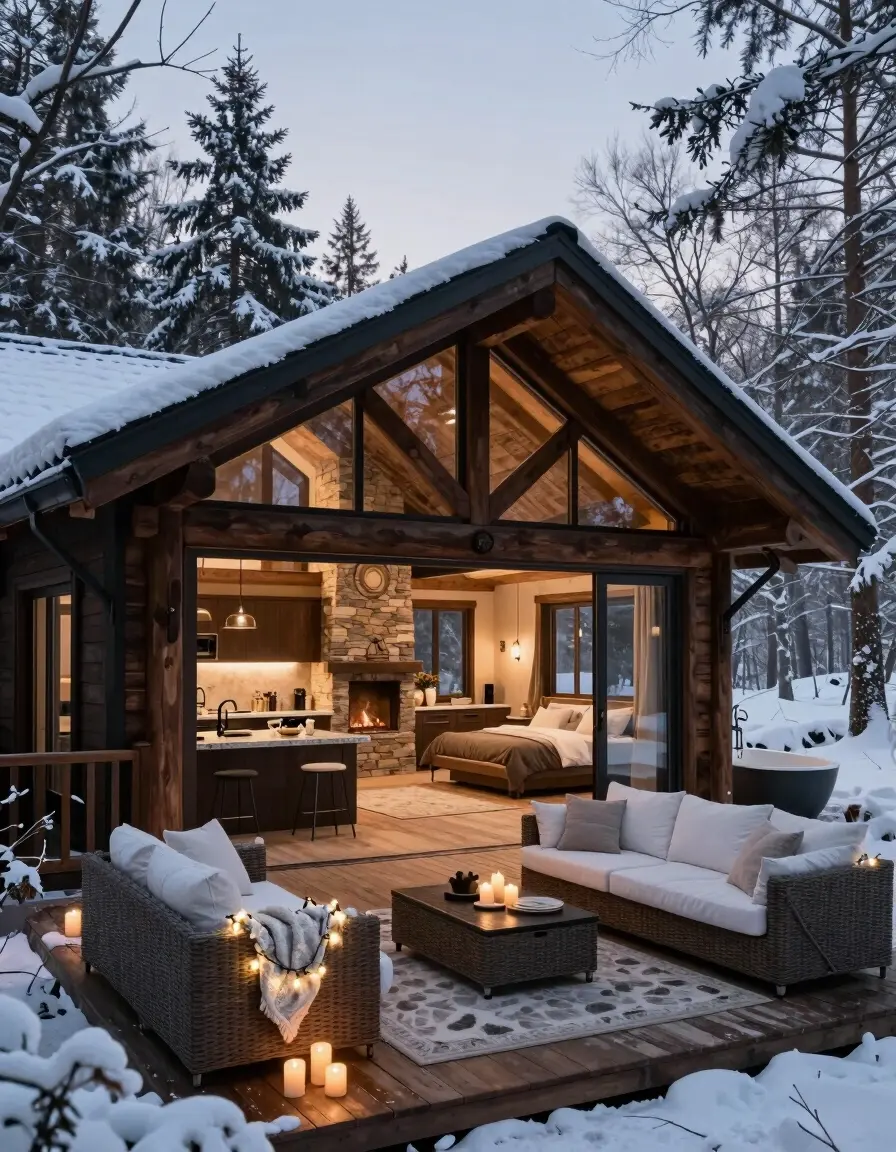 A cozy winter cabin with a comfortable outdoor seating area on a snowy deck, surrounded by trees and warm lighting.