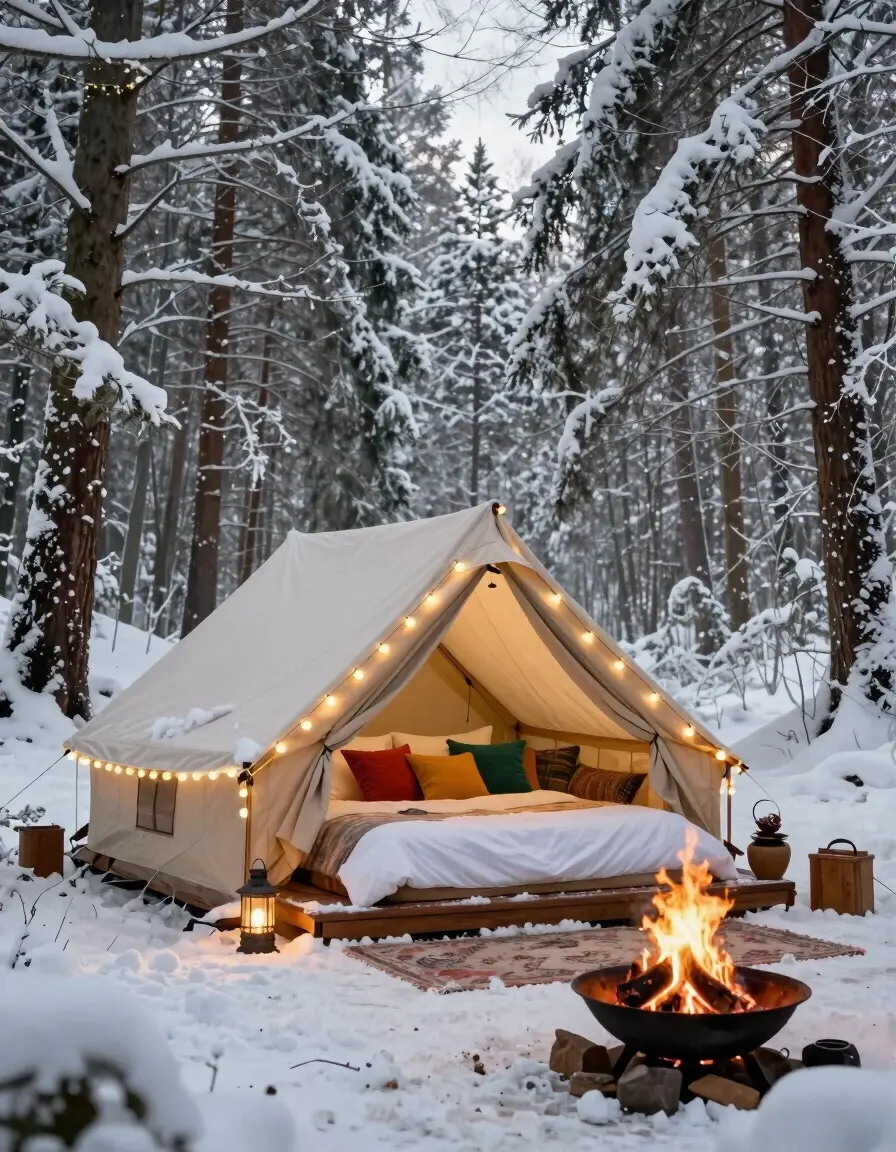 A white canvas tent in a snowy forest, with a bed and warm lighting inside, surrounded by lanterns and a fire pit.