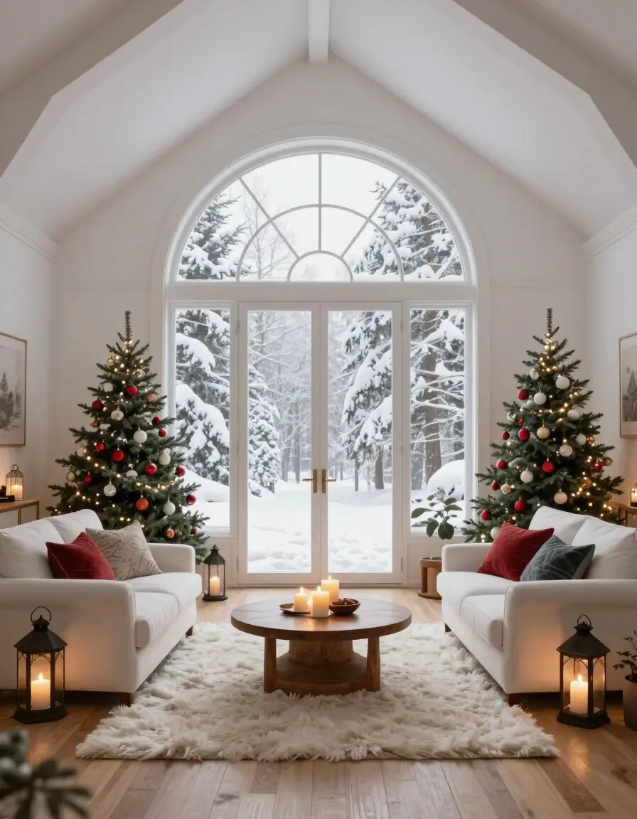 Cozy winter living room with large window and snow-covered forest view