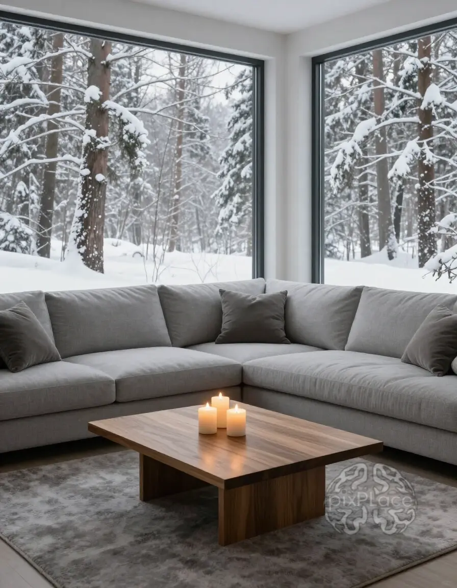 A peaceful living room with a gray sofa, wooden coffee table, and a snowy forest view through a large window.