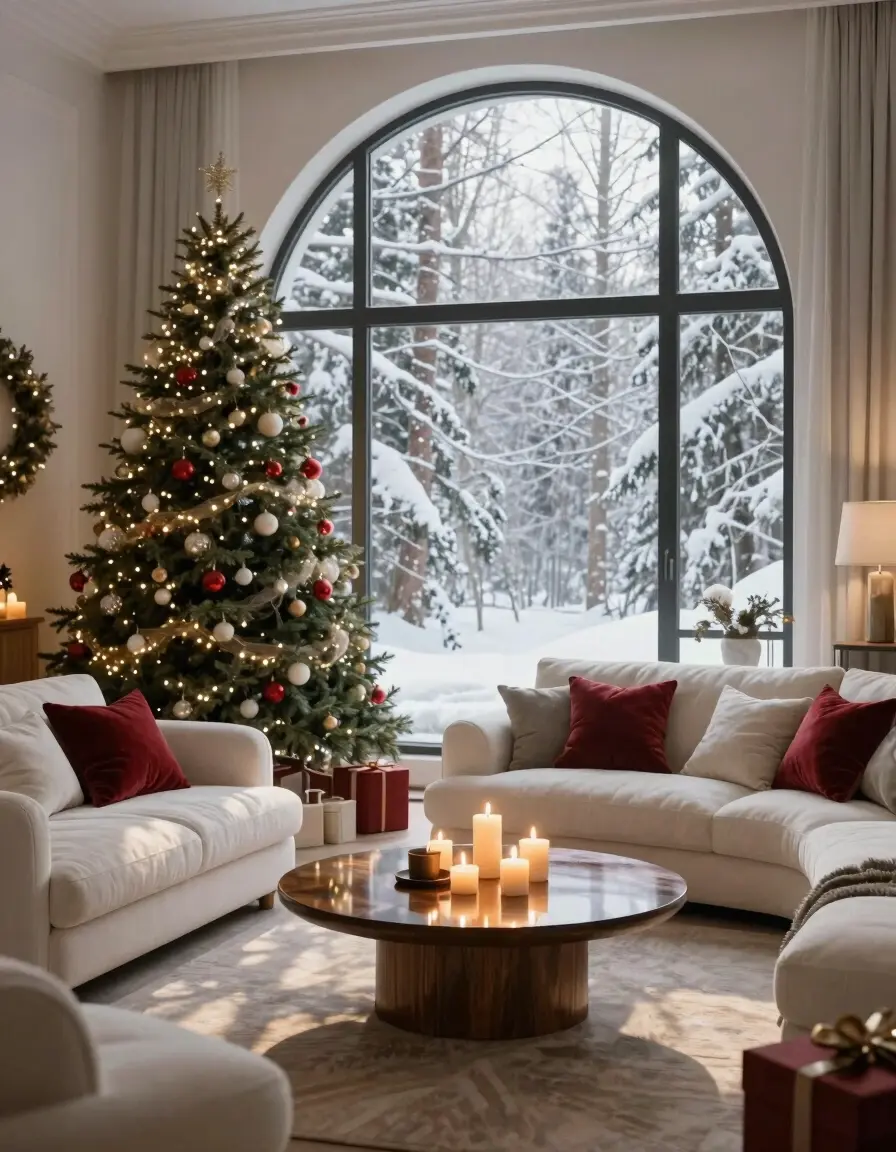 A cozy living room with a large arched window, Christmas tree, white couches, and a round coffee table with candles.