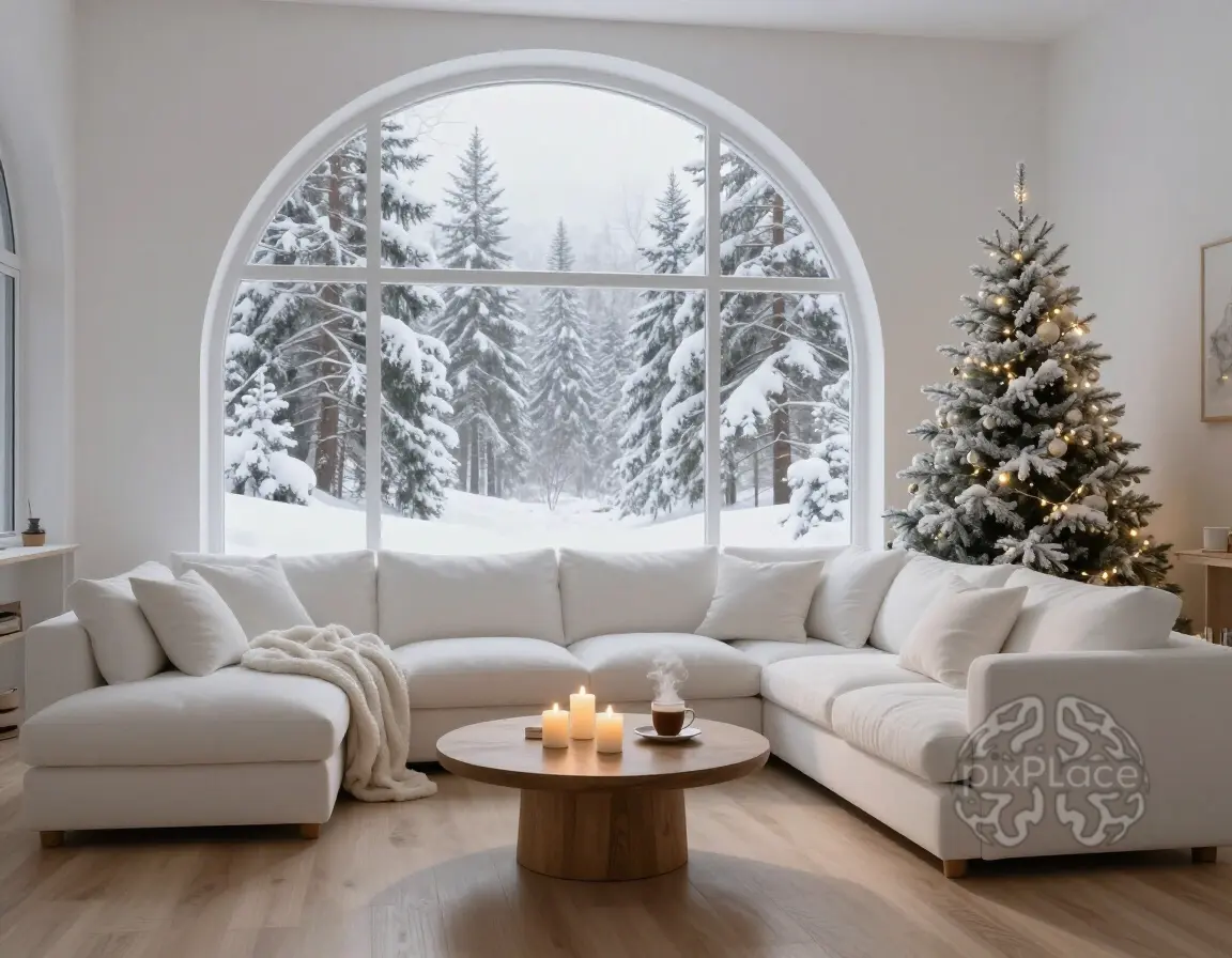 A cozy living room with a large arched window, white sofa, and frosted Christmas tree, perfect for a winter retreat.
