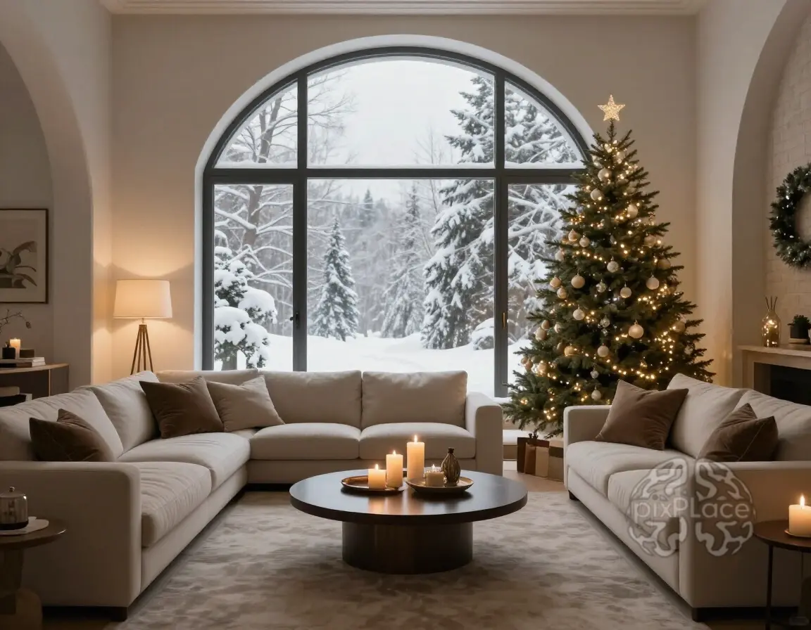 A cozy living room with a large arched window, beige couches, and a decorated Christmas tree, creating a warm and inviting atmosphere for the holiday season.