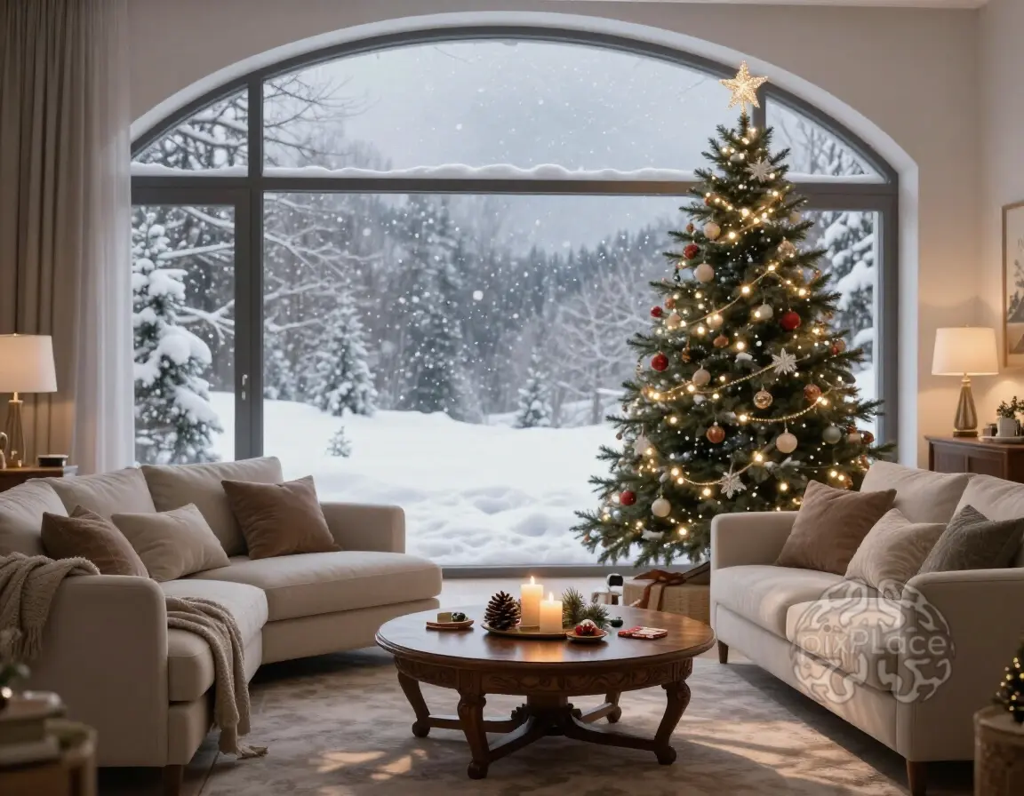A cozy living room with a large arched window, a decorated Christmas tree, and comfortable beige sofas.