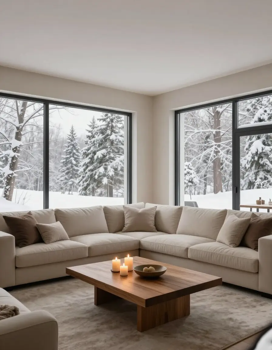 A modern living room with a large beige sofa, wooden coffee table, and expansive windows showing a snowy forest.