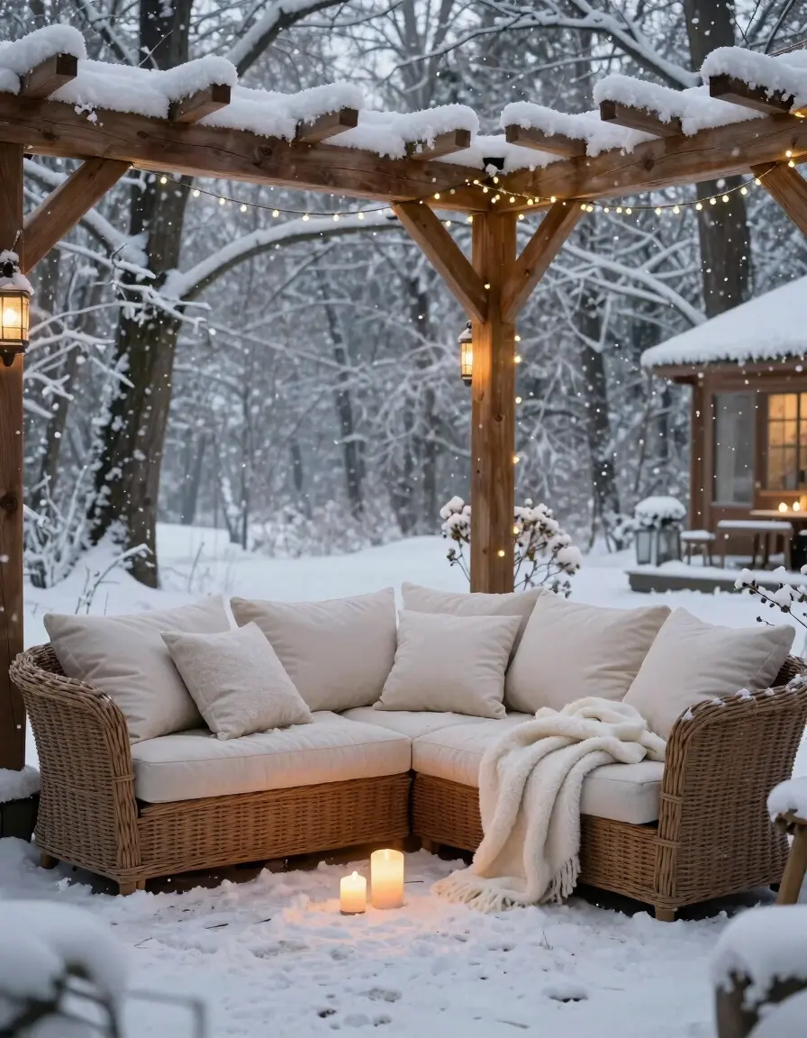 A cozy outdoor seating area with a wicker sofa, cream-colored cushions, and a throw blanket, surrounded by snow-covered trees and a wooden pergola with string lights