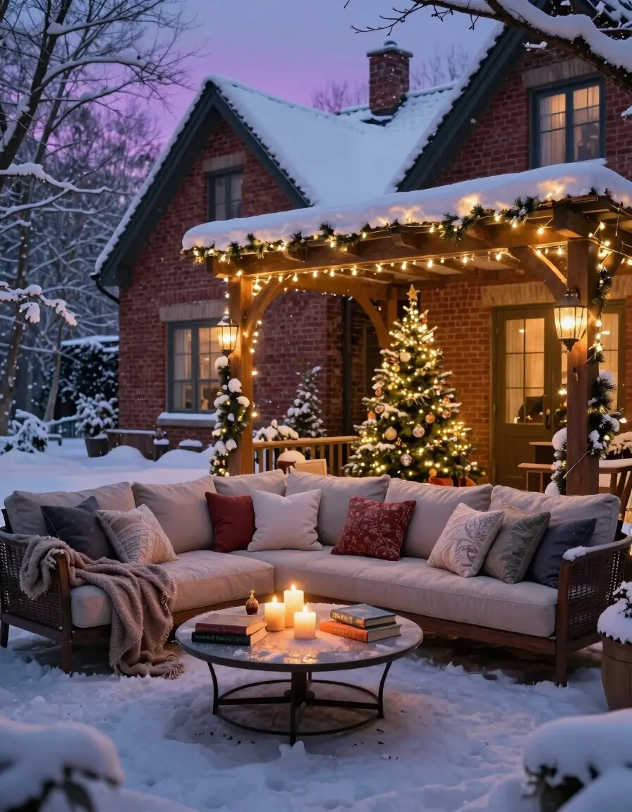 A cozy outdoor seating area with a pergola, sectional sofa, and Christmas tree, set against a snowy red brick house at dusk.