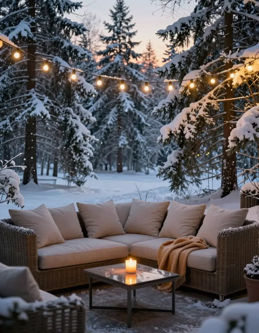 A cozy winter outdoor seating area with a wicker sofa, beige cushions, and a throw blanket, surrounded by snow-covered trees and string lights.
