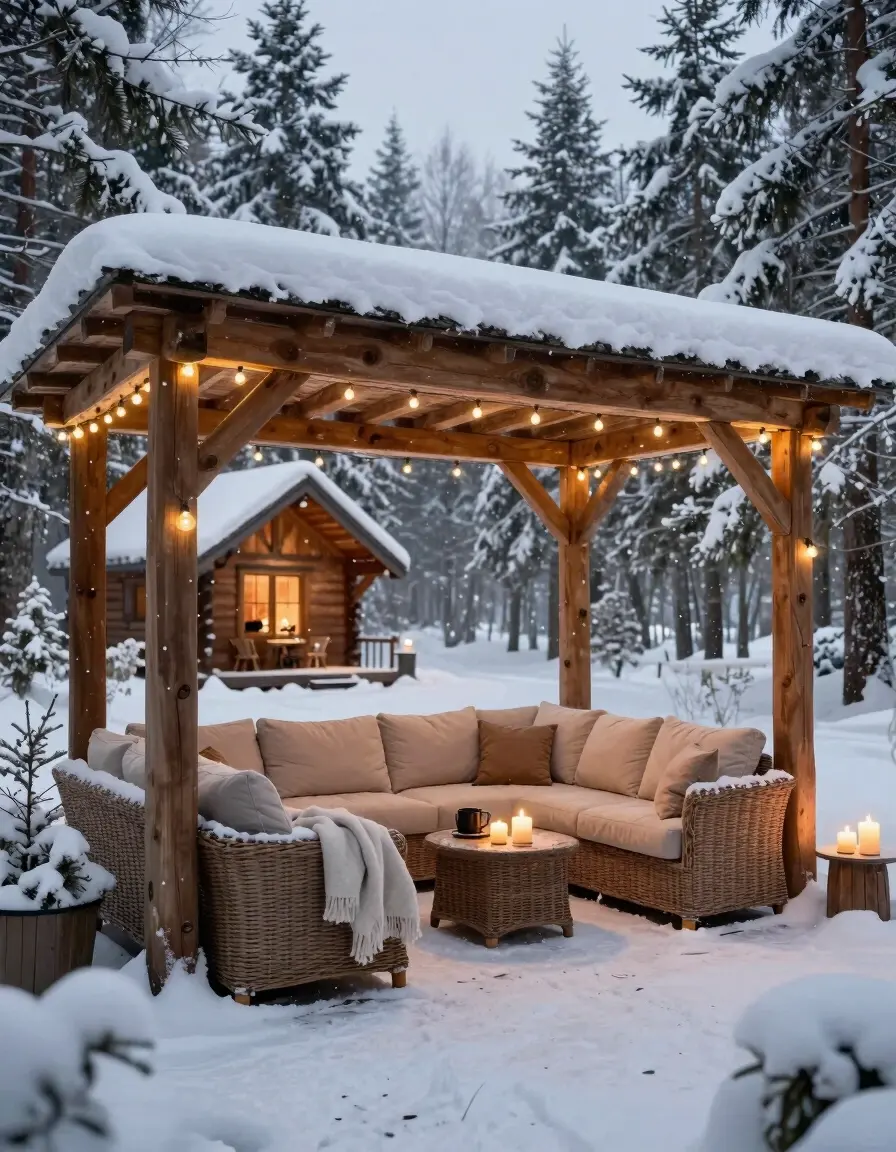 A cozy winter outdoor seating area with a wicker sofa under a snow-covered pergola, surrounded by snow-covered trees and a small cabin.