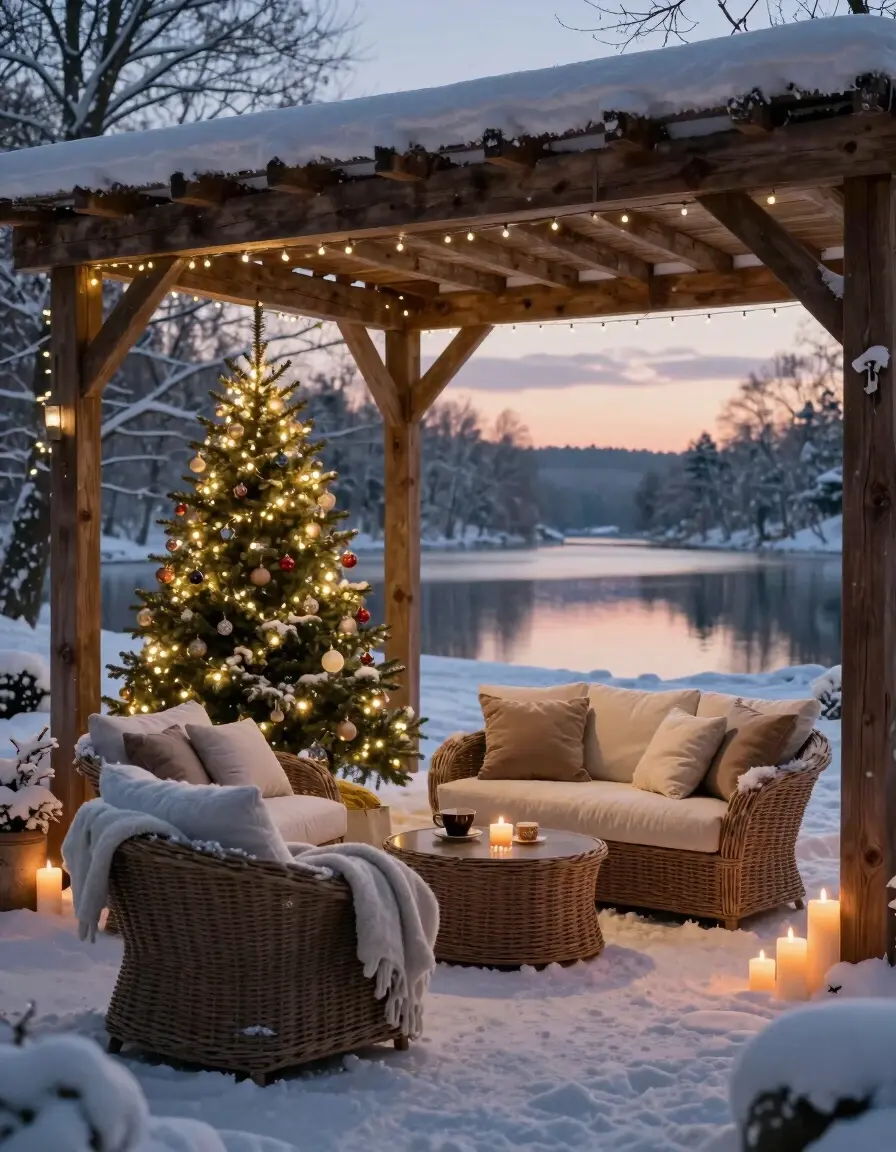 A cozy winter outdoor seating area with a Christmas tree, wicker furniture, and candles under a wooden pergola, surrounded by snow-covered trees and a frozen lake at dusk.