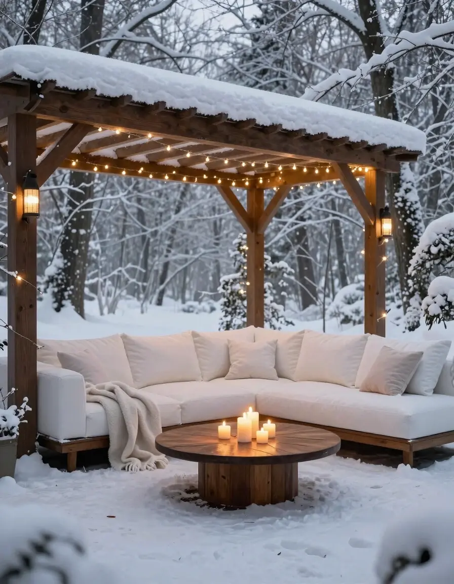 A cozy winter outdoor seating area with a white sofa under a pergola, surrounded by snow-covered trees and lit candles on a coffee table.