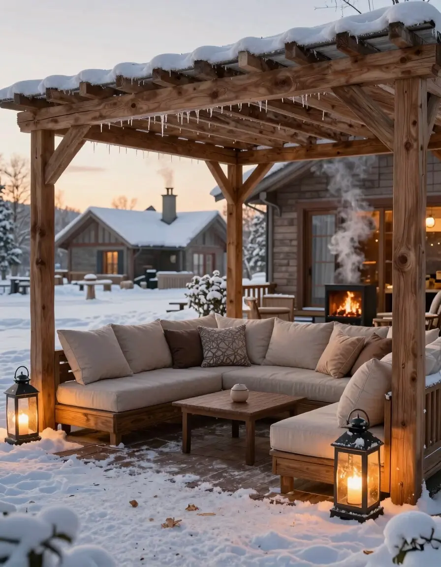 A serene winter outdoor seating area with a pergola, beige furniture, and lanterns, surrounded by snow-covered trees and a house in the background.
