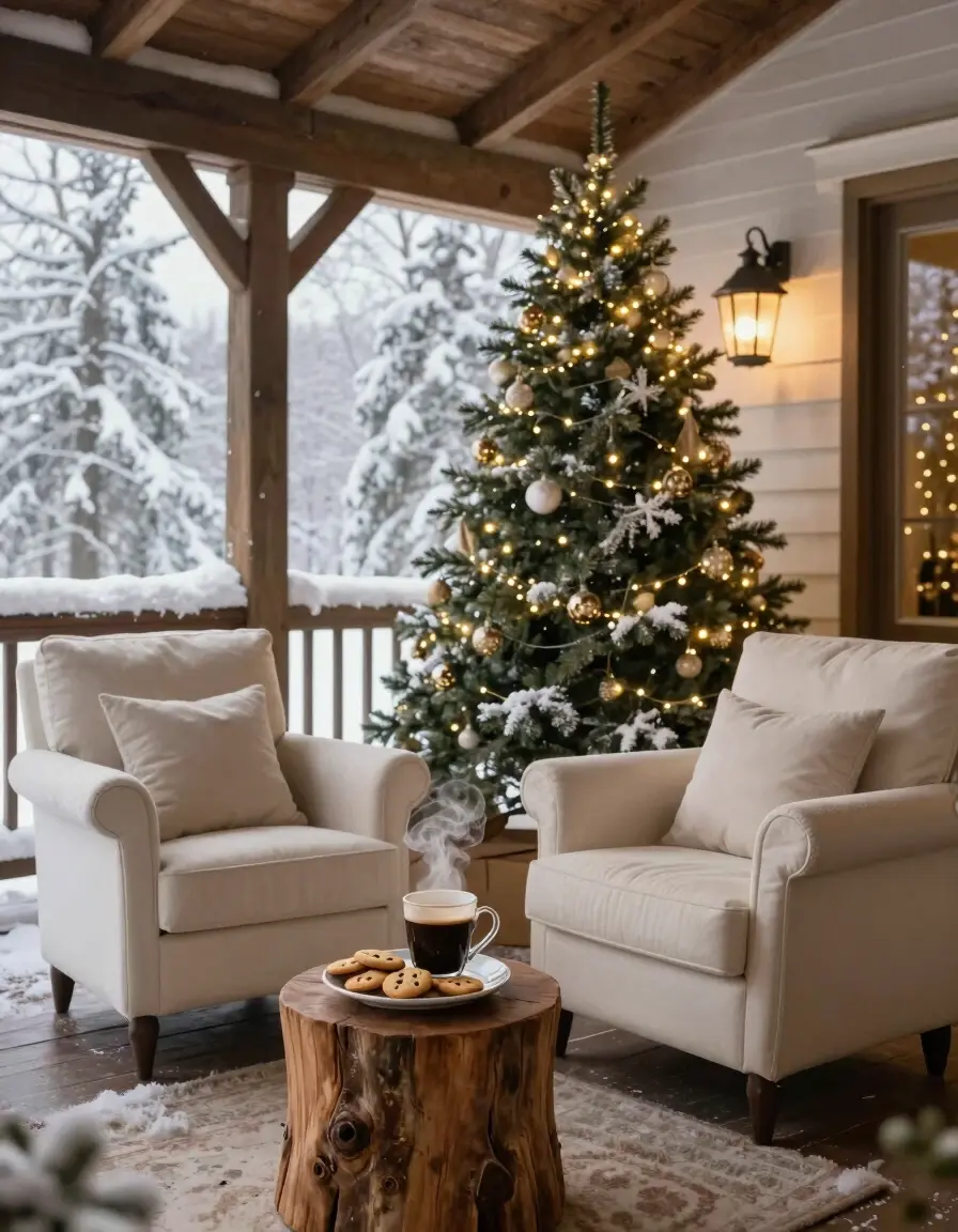 A cozy winter porch with cream armchairs, a wooden coffee table, and a decorated Christmas tree, surrounded by snow and soft lighting.