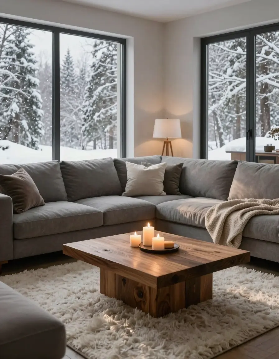 A cozy living room with a large gray sofa, wooden coffee table, and fluffy white rug, surrounded by large windows with a snowy forest view.
