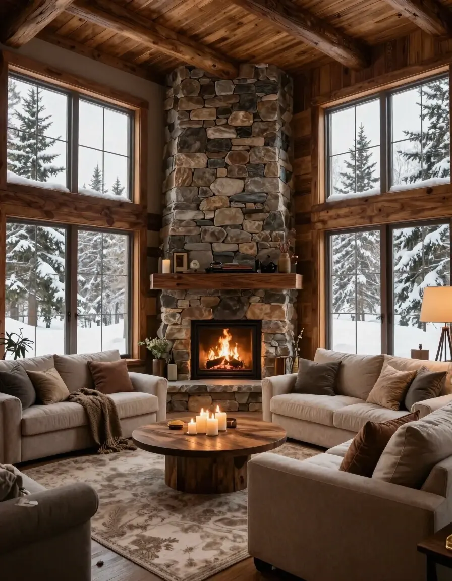 A cozy living room with a fireplace, large windows, and a comfortable seating area.