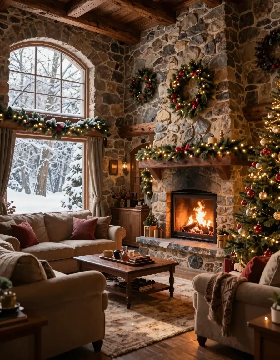 A warm and inviting stone cottage interior, decorated for Christmas and surrounded by a serene winter landscape.
