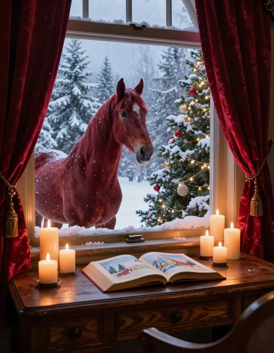 A magical winter scene with a red horse, Christmas tree, and cozy window nook