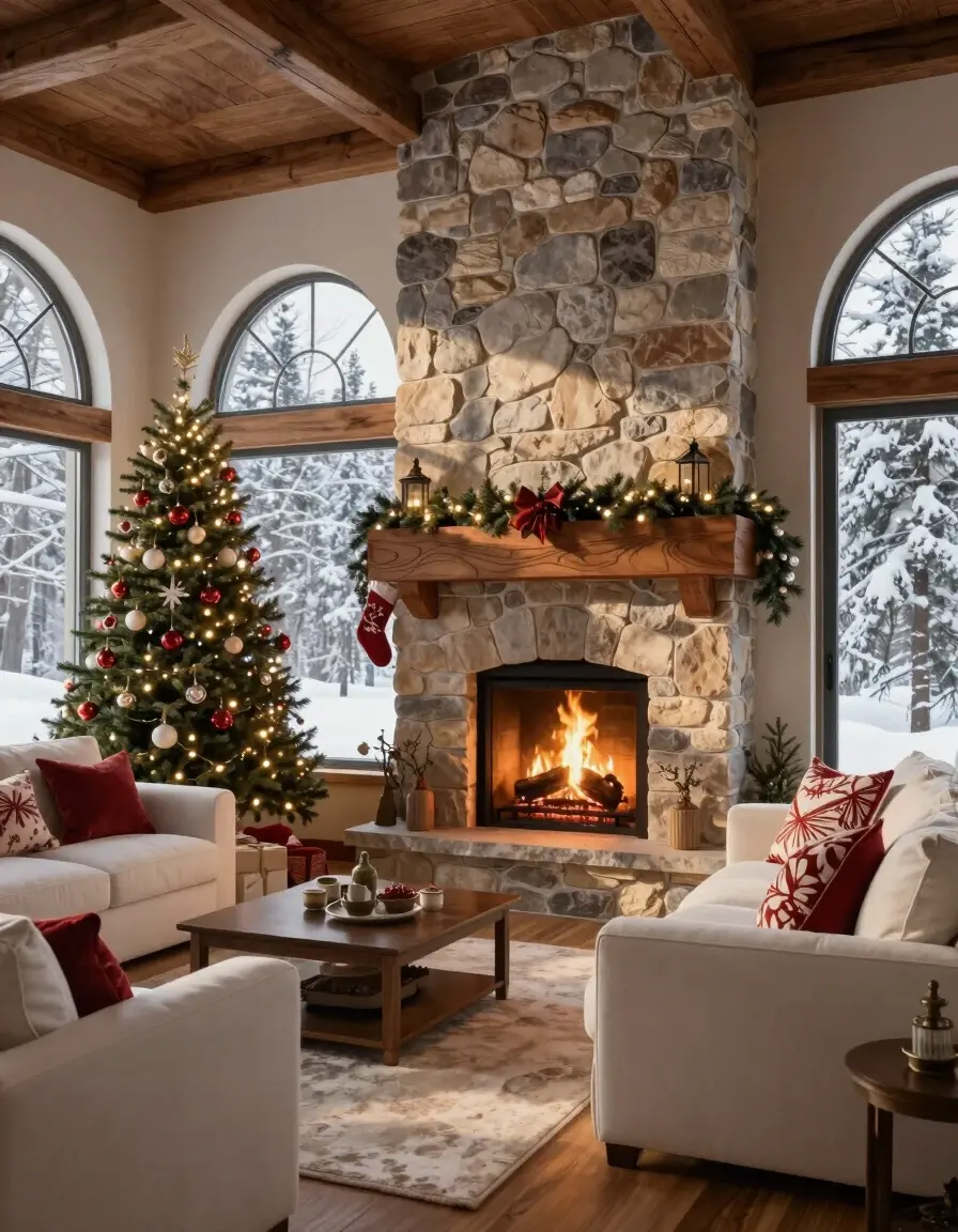 A cozy living room with a stone fireplace, decorated Christmas tree, and large windows looking out onto snow-covered trees.