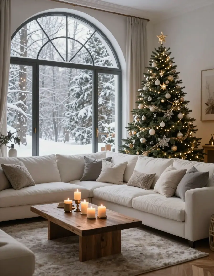 A cozy winter living room with a large arched window, white sectional sofa, wooden coffee table, and Christmas tree.