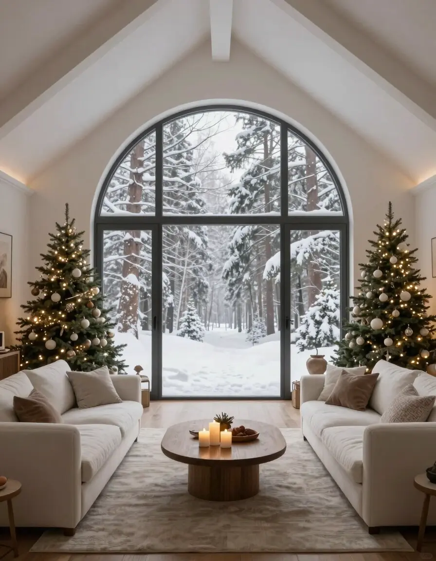 A cozy living room with white couches, a wooden coffee table, and Christmas trees, set against a large window with a snowy forest view.