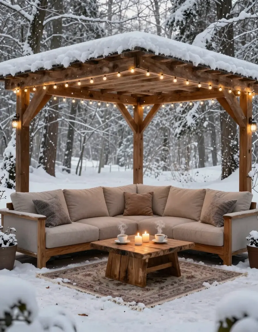 A cozy outdoor seating area with a wooden pergola, beige sofa, and coffee table with candles and coffee cups, surrounded by snow-covered trees.