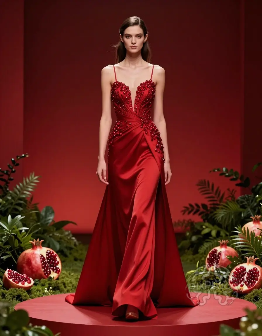 Female model in crimson-red evening gown with pomegranate seed beading on a red podium surrounded by greenery and pomegranates.