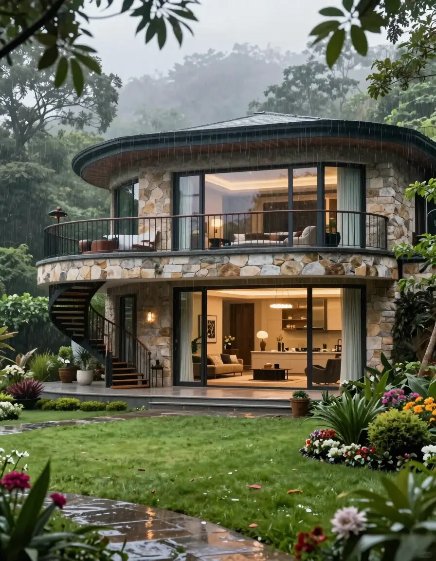 A modern, curved stone house with a glass facade and balcony, surrounded by lush greenery and trees on a rainy day.