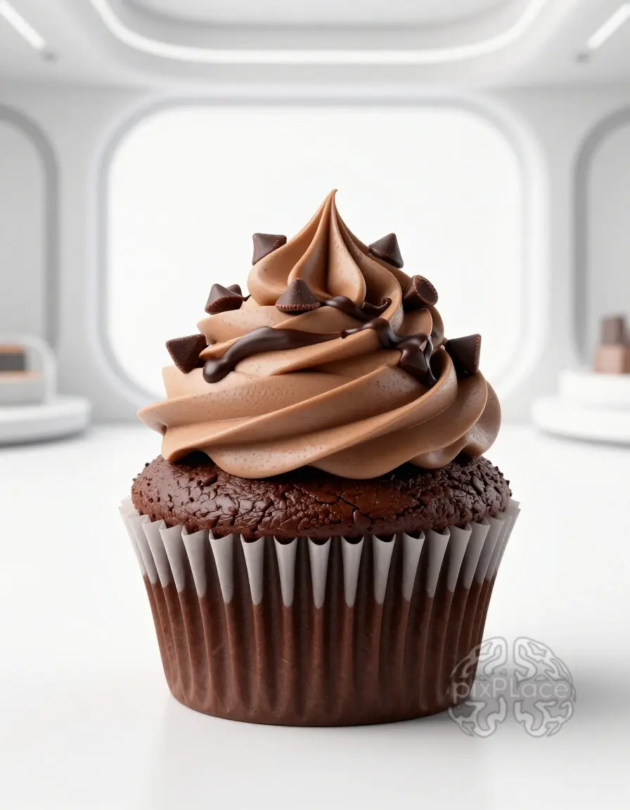Chocolate cupcake with light brown frosting and dark chocolate chips