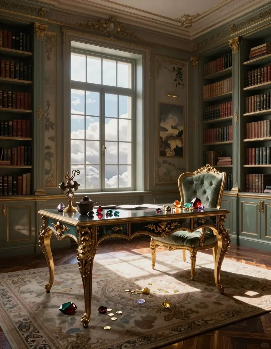 A serene and opulent study or home office, filled with natural light and adorned with precious gems and coins.