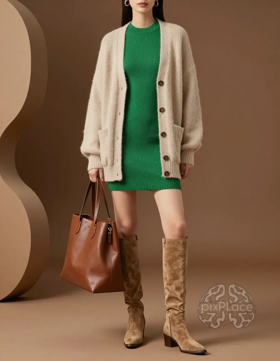 Woman in beige cardigan and green dress with brown boots and leather tote.