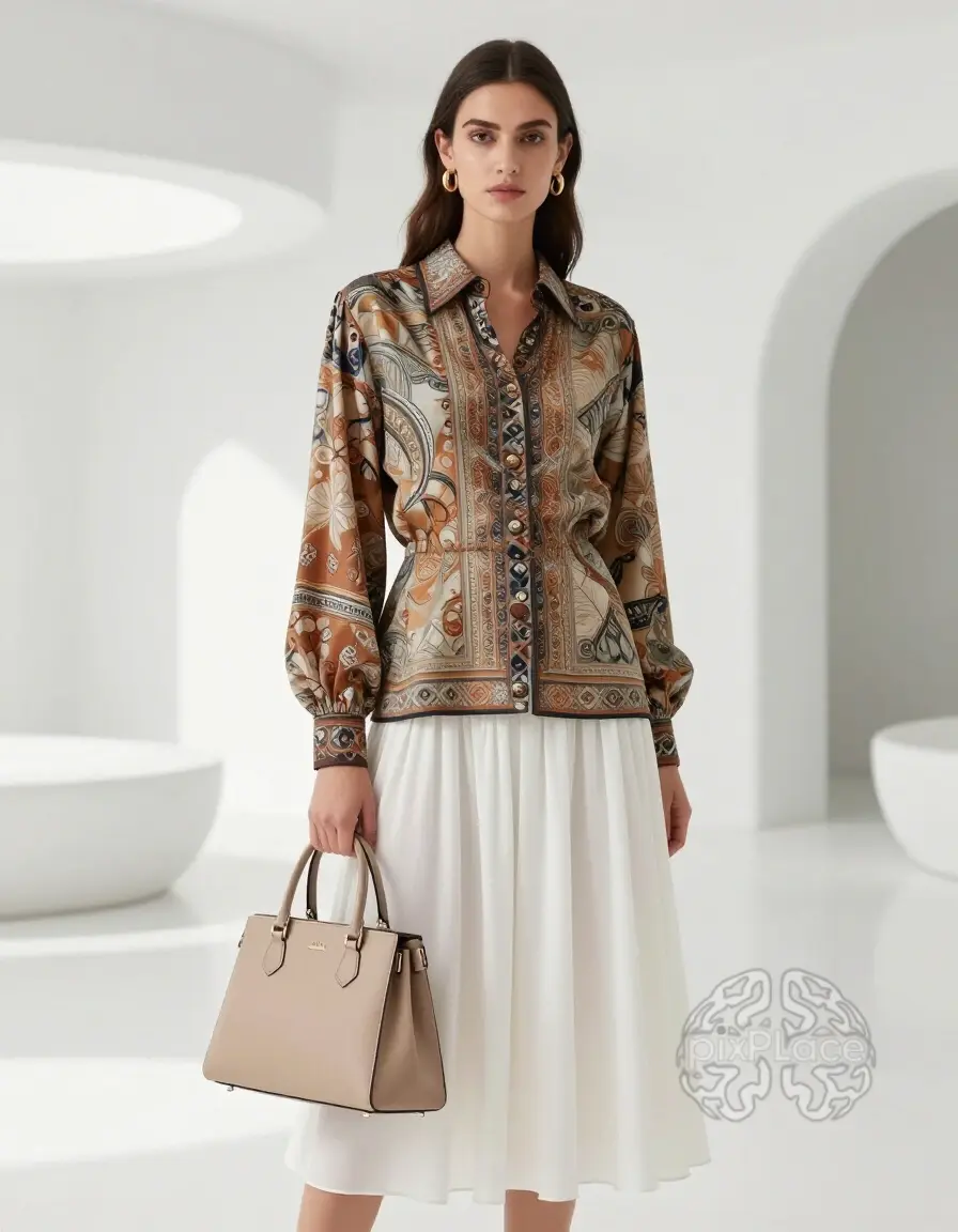 A woman models a luxurious blouse with a white skirt and beige handbag.